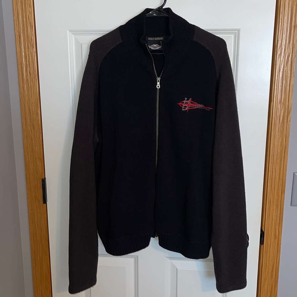 Harley Davidson Black Gray Embroidered Ribbed Knit Sweater Jacket